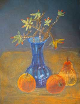 pastel drawing of vase with flowers by 10-yr-old boy
